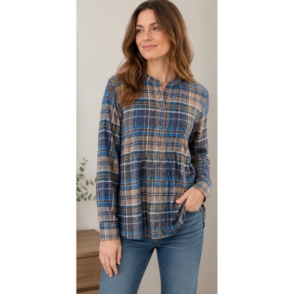 Lands' End Blue Plaid Popover Tunic Blouse 14 Boho Western Cottagecore Western